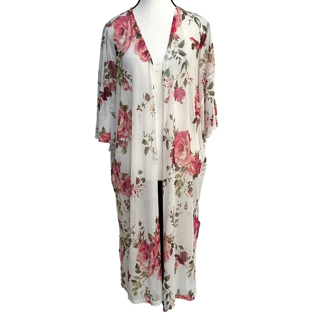 Floral‎ Duster Kimono Women Large Pink Rose Mesh Sheer Boho Cottagecore Romantic